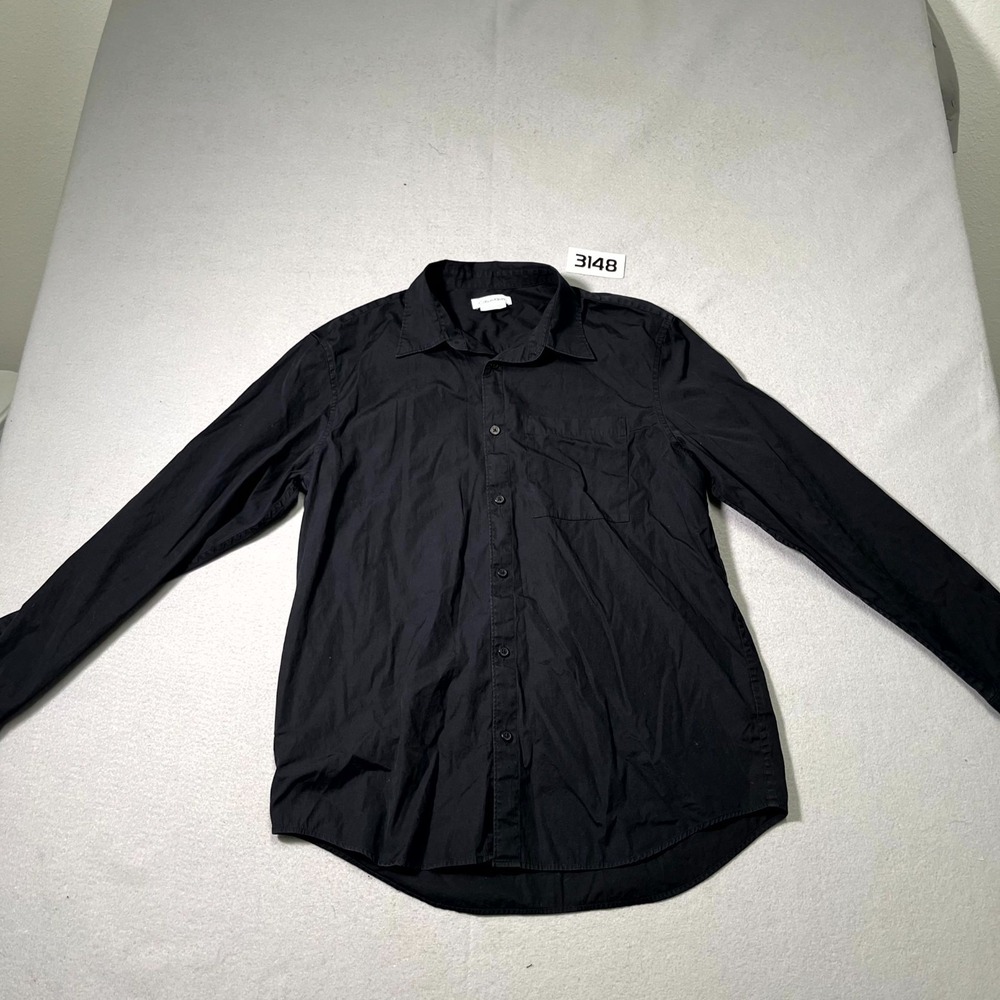 Calvin Klein Shirt Mens Medium Black Pocket high Low Hem Long Sleeve Button Up